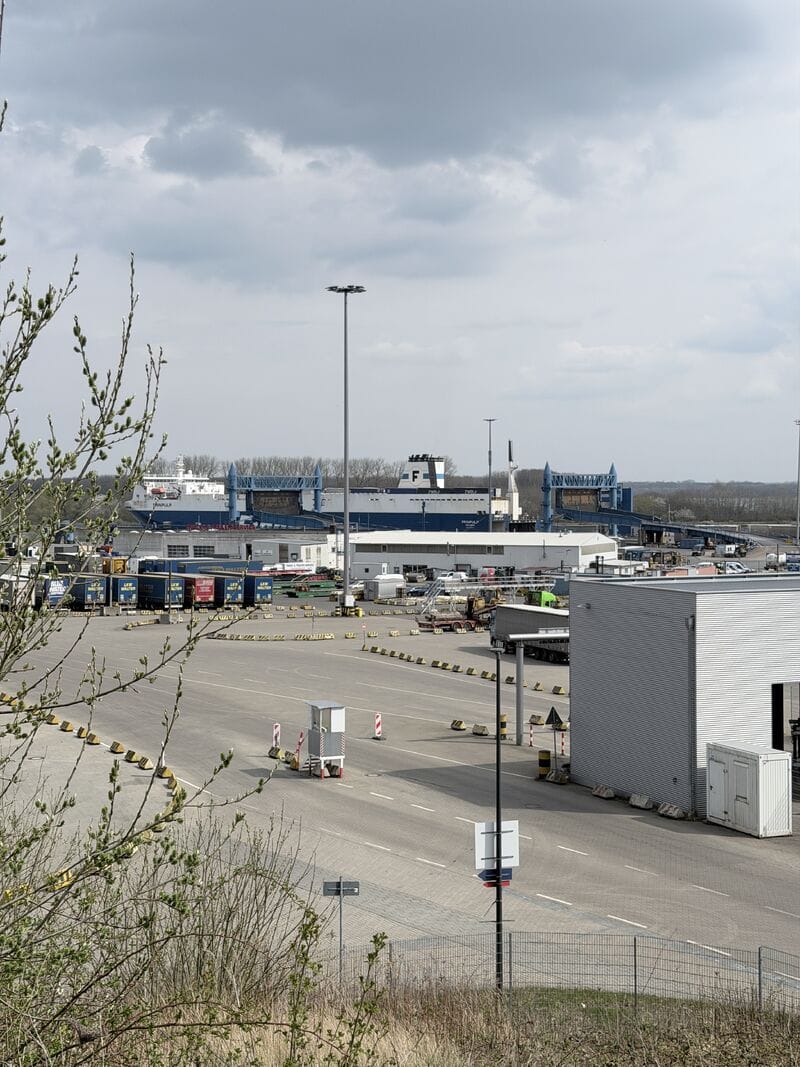 RoRo ferry terminal with trailers waiting for loading